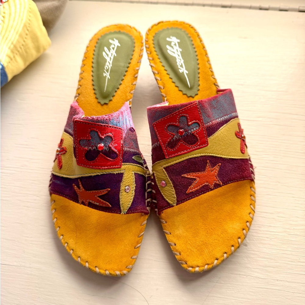 NWOT Art Effects Colorful Patchwork Floral Abstract Slide Leather Sandals, 7.5